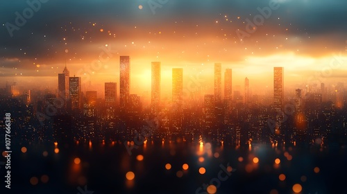 Blurry background city skyline, black and golden sunrise, background image