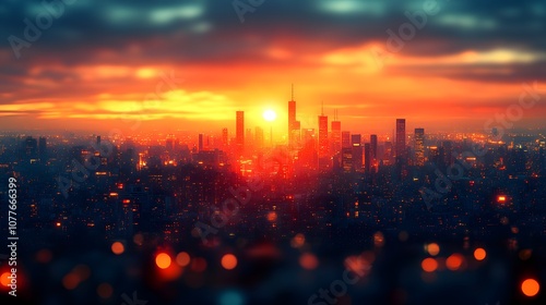 Blurry background city skyline, black and golden sunrise, background image