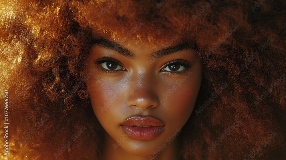 Portrait of a hair model with voluminous curls, glowing under natural light, close-up shot showing rich texture and vibrant color, curls framing her face with a soft, elegant expression, Portrait of a hair model with voluminous curls, glowing under natural light, close-up shot showing rich texture and vibrant color, curls framing her face with a soft, elegant expression,