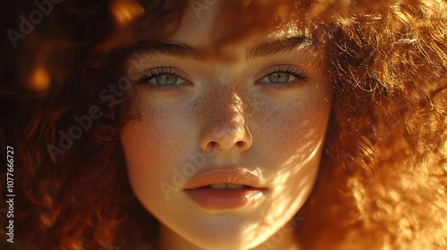 Portrait of a hair model with voluminous curls, glowing under natural light, close-up shot showing rich texture and vibrant color, curls framing her face with a soft, elegant expression,