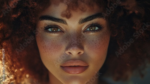 Portrait of a hair model with voluminous curls, glowing under natural light, close-up shot showing rich texture and vibrant color, curls framing her face with a soft, elegant expression,