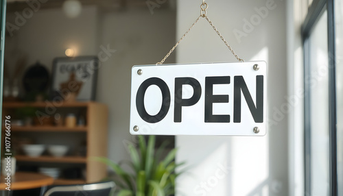 Open sign board through the door glass at a cafe isolated with white highlights, png photo