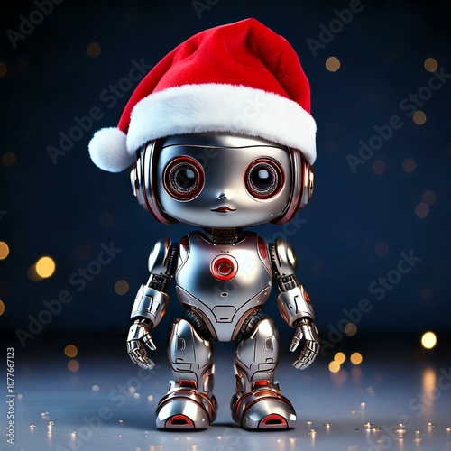 Small futuristic Robot with a Santa hat