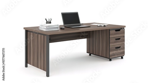 Modern office desk with a laptop, papers, and a three-drawer pedestal.