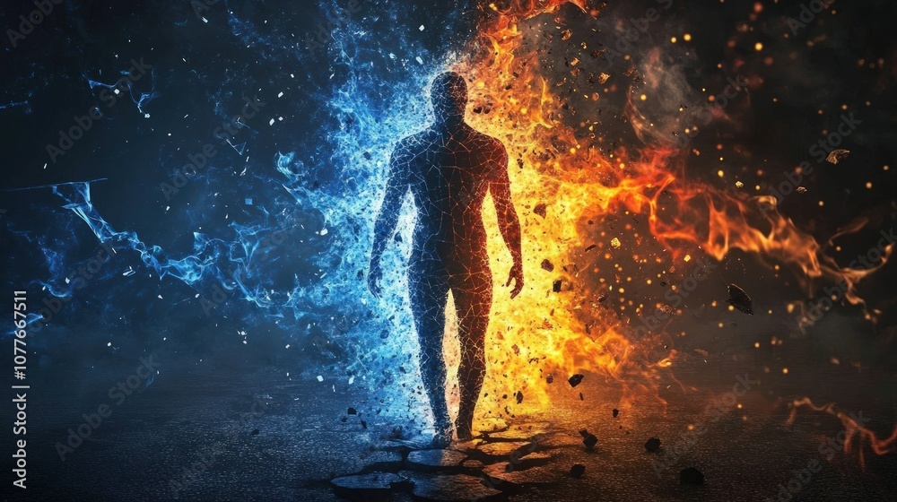 A silhouette of a person standing in front of a blazing inferno with flames erupting from the right side, while the left side is engulfed in swirling blue water. A silhouette of a person standing in front of a blazing inferno with flames erupting from the right side, while the left side is engulfed in swirling blue water.