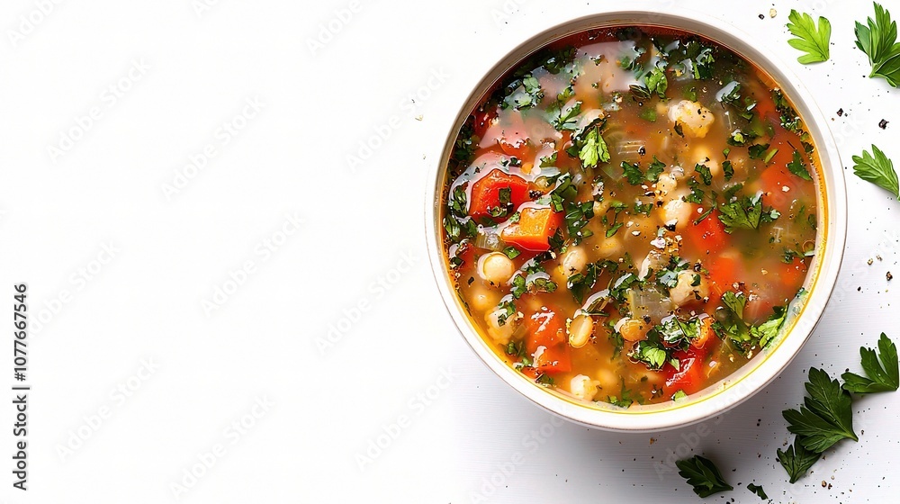 Fresh and Delicious Bowl of Soup Isolated on White Background with Vibrant Vegetables and Herbs Adding Flavor and Nutrition to Your Meal Experience Fresh and Delicious Bowl of Soup Isolated on White Background with Vibrant Vegetables and Herbs Adding Flavor and Nutrition to Your Meal Experience