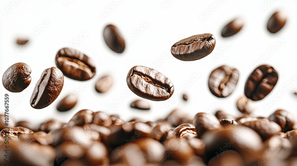 Roasted Coffee Beans Falling onto a Pile of Beans Roasted Coffee Beans Falling onto a Pile of Beans
