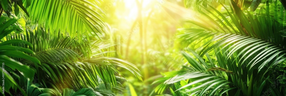 Fototapeta premium Golden sunlight shines through dense greenery, illuminating the tranquil tropical forest with a warm and inviting ambiance. Generative AI
