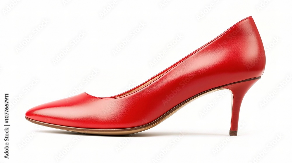 Obraz premium Bright Red High Heel Shoe on White Background Showcasing Stylish Footwear Design for Fashion, Events, and Formal Occasions