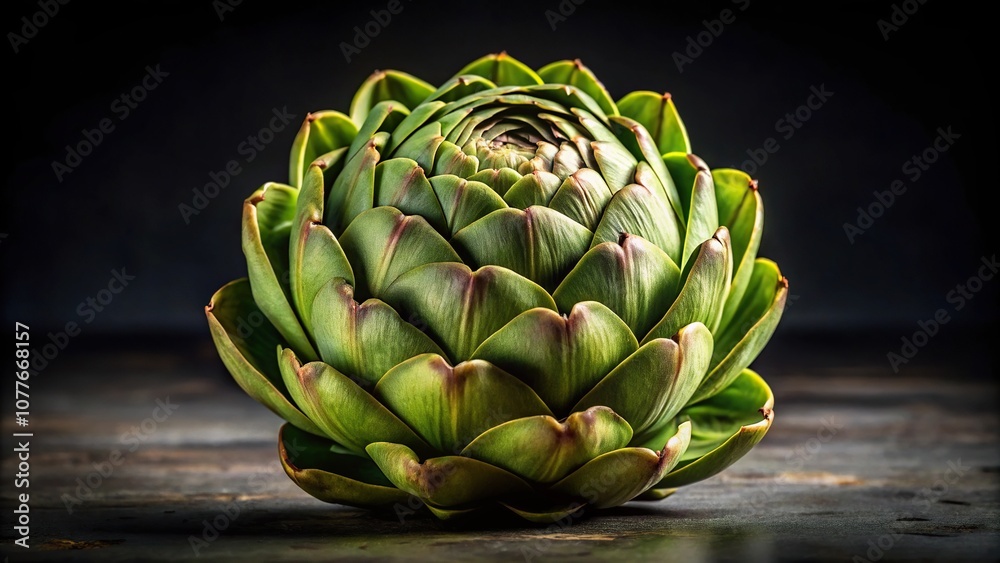 close-up shot of fresh raw artichoke on black background with a panoramic view close-up shot of fresh raw artichoke on black background with a panoramic view