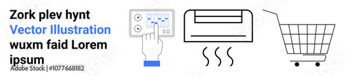 Hand pressing button on digital thermostat, air conditioner emitting air, and shopping cart. Ideal for smart home technology, HVAC systems, online shopping, e-commerce, control devices, user