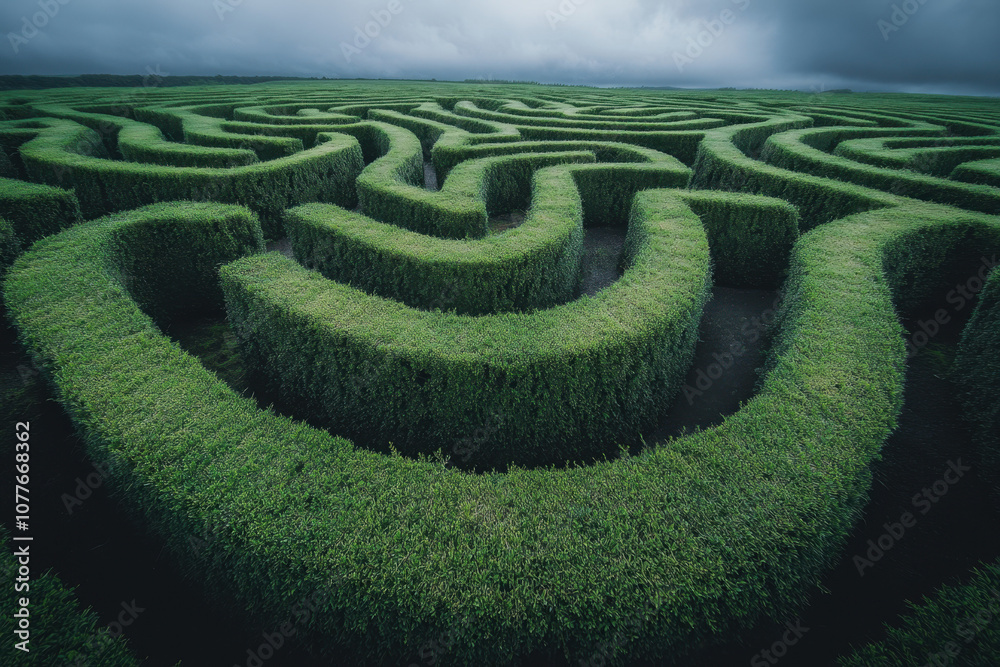 Aerial view of a lush green hedge maze under a stormy sky, showcasing its intricate twists and turns in the secluded, atmospheric setting. Aerial view of a lush green hedge maze under a stormy sky, showcasing its intricate twists and turns in the secluded, atmospheric setting.