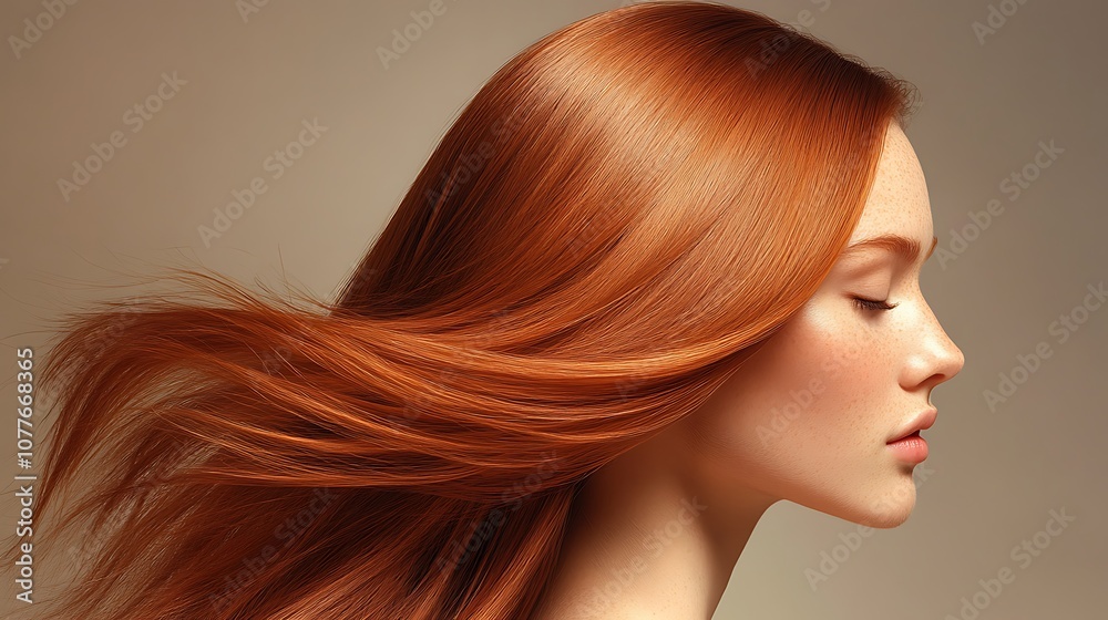 Side view of a hair model with long, glossy straight hair, strands perfectly aligned, soft studio lighting highlighting the smooth surface, minimalist gradient background, emphasis on the sleek, Side view of a hair model with long, glossy straight hair, strands perfectly aligned, soft studio lighting highlighting the smooth surface, minimalist gradient background, emphasis on the sleek,