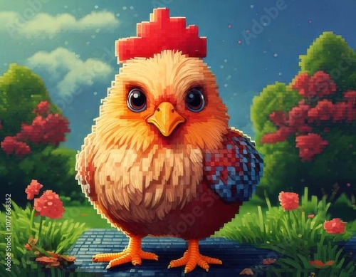 Cute chibi chicken drawn in a realistic pixel style in 3D