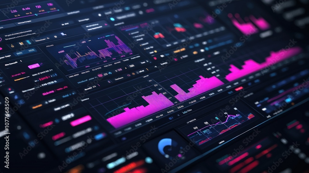 Close-up of a computer screen displaying a variety of data and graphs. Close-up of a computer screen displaying a variety of data and graphs.