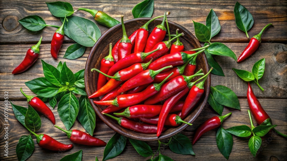 Lively red chili peppers arranged beautifully on rustic wood, accompanied by vibrant green leaves, creating a stunning composition of color and texture. Lively red chili peppers arranged beautifully on rustic wood, accompanied by vibrant green leaves, creating a stunning composition of color and texture.