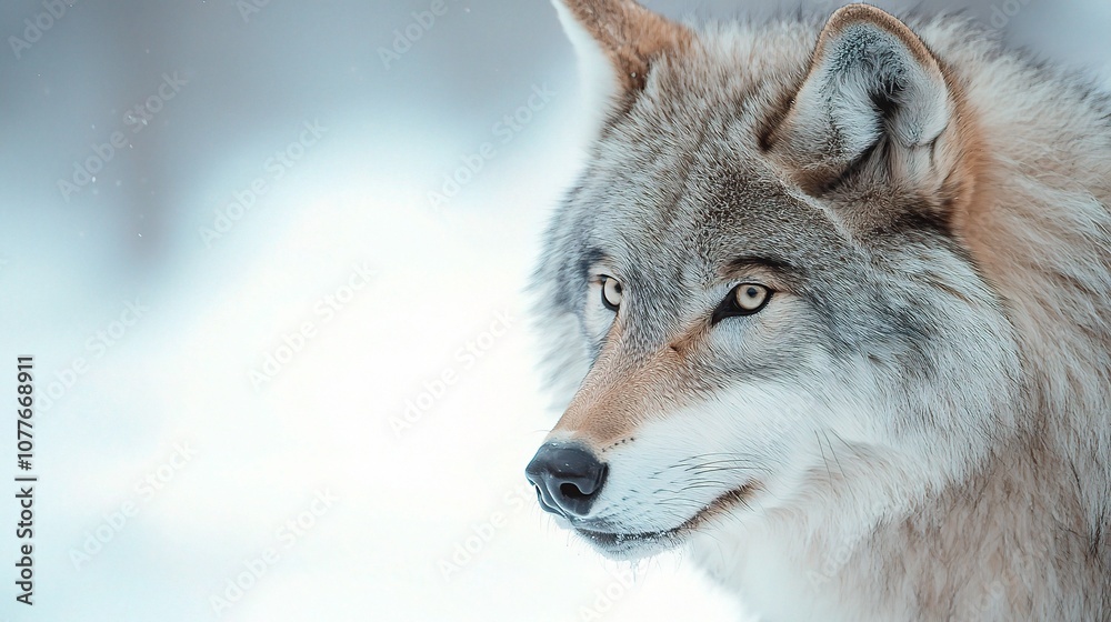 Fototapeta premium Stunning Portrait of a Canadian Wolf Isolated Against a Pure White Background, Capturing Fine Details and Natural Beauty in a Winter Setting