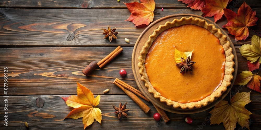 A golden brown pumpkin pie on a rustic wooden surface, surrounded by autumn leaves and warm spices. A golden brown pumpkin pie on a rustic wooden surface, surrounded by autumn leaves and warm spices.