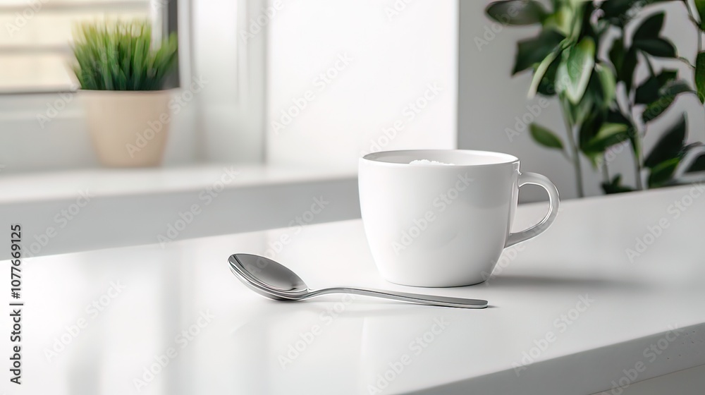 White coffee mug and spoon on a white table. White coffee mug and spoon on a white table.