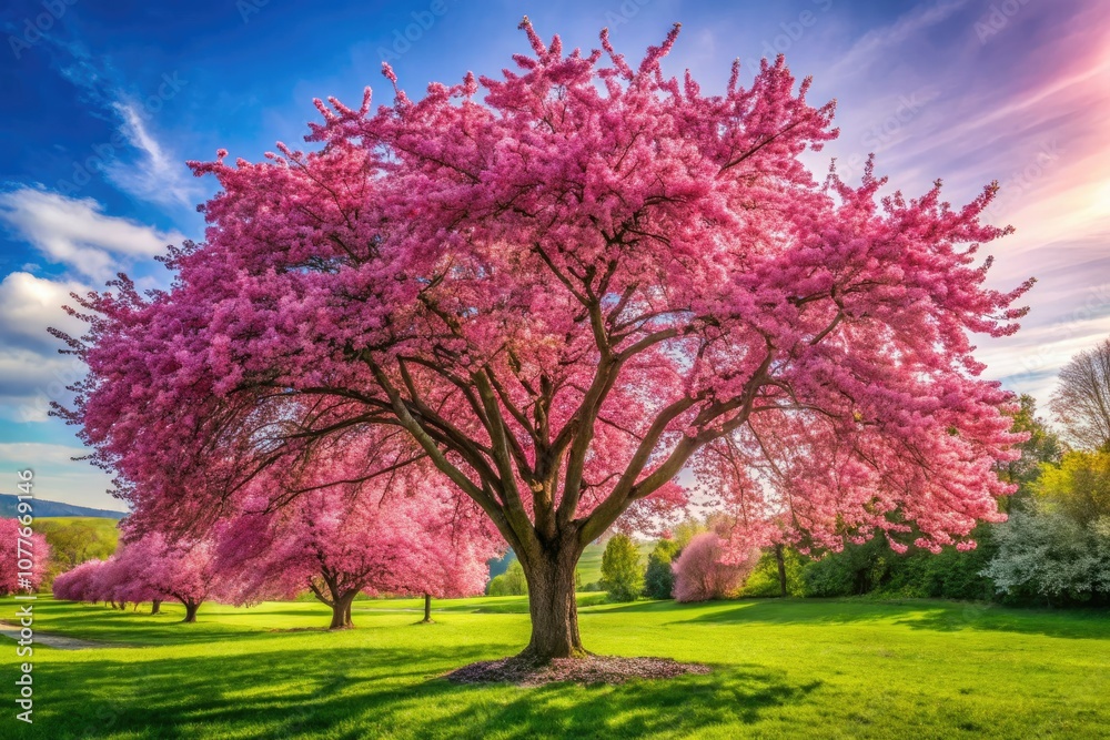 Fototapeta premium In a serene spring backdrop, a beautiful pink tree bursts into bloom, vibrant colors illuminating the landscape, celebrating the essence and beauty of nature.