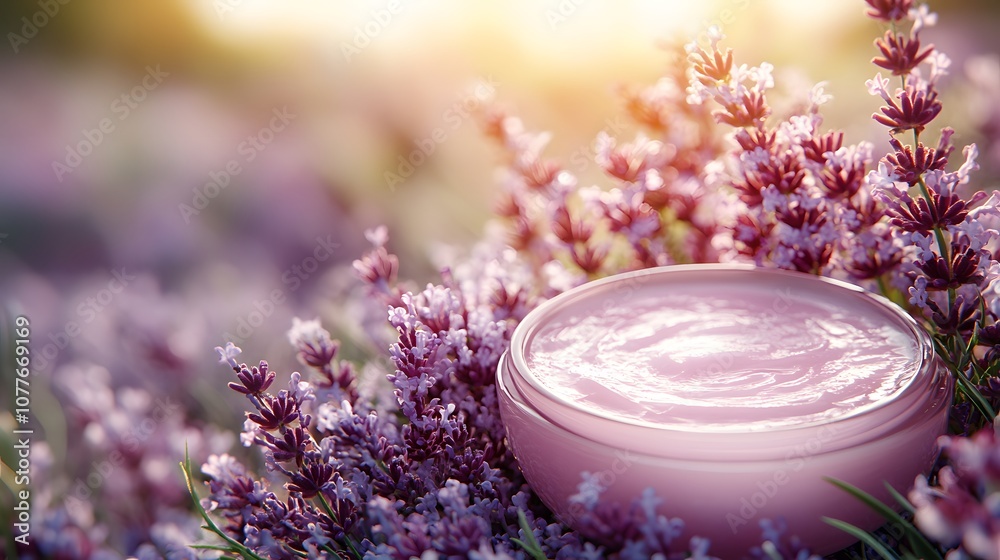 Soft Lavender Moisturizer in Pastel Container Surrounded by Bright Lavender Flowers Reflecting Warm Sunshine in a Serene Nature Setting Soft Lavender Moisturizer in Pastel Container Surrounded by Bright Lavender Flowers Reflecting Warm Sunshine in a Serene Nature Setting