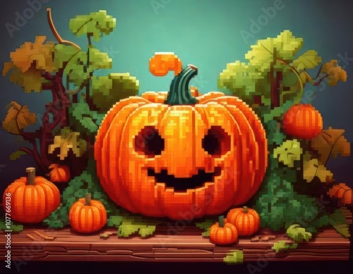 realistic drawing with pixel style pumpikin halloween photo