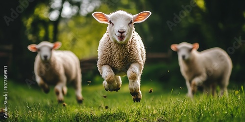 Three cute lambs running in a grassy field, one in focus