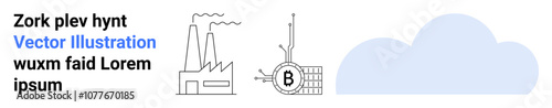 Industrial plant with smoking chimneys, Bitcoin mining device, large cloud. Ideal for technology, blockchain, cryptocurrency, finance, industry automation environmental. Landing page