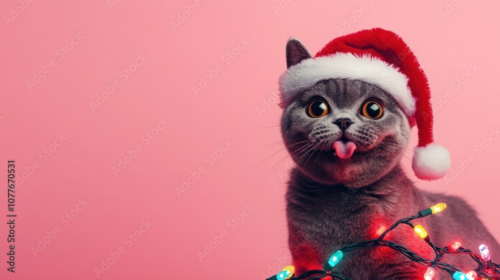 Fototapeta premium A playful cat wearing a Santa hat, surrounded by colorful holiday lights against a pink background, captures the festive spirit.