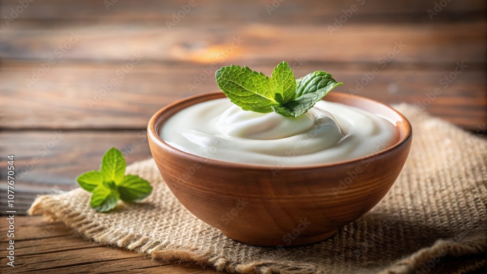 A Bowl of Creamy Yogurt Garnished with Fresh Mint Leaves on a Rustic Wooden Table A Bowl of Creamy Yogurt Garnished with Fresh Mint Leaves on a Rustic Wooden Table