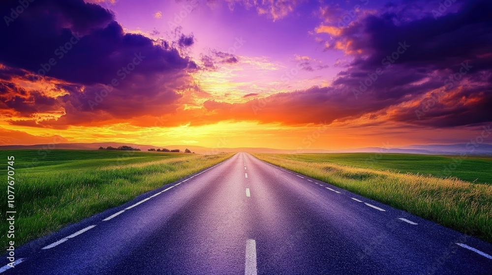 Naklejka premium Asphalt Road Leading Towards Sunset