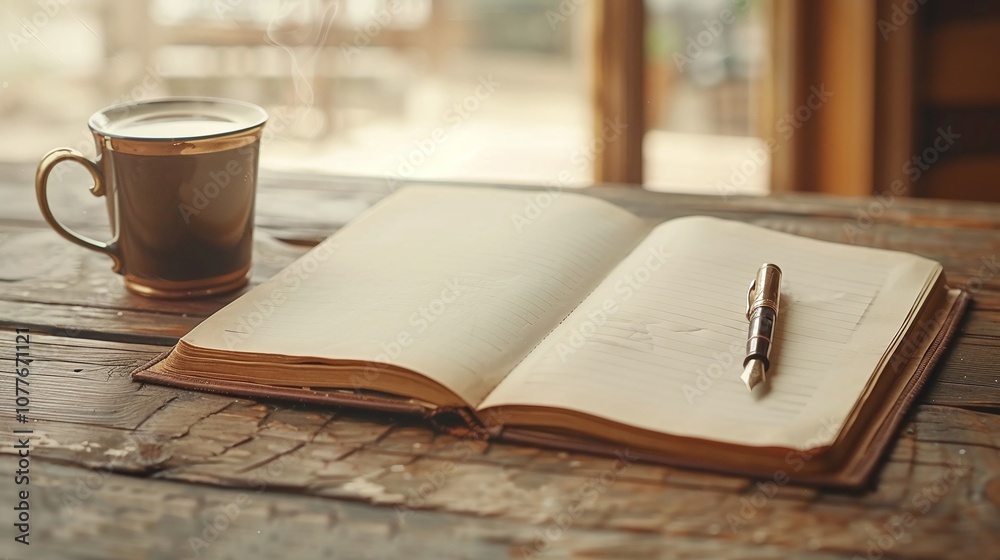 Naklejka premium Open notebook with vintage pages, pen placed on top, ceramic coffee mug, rustic wooden table, warm ambient lighting, writing or journaling setup, creative workspace