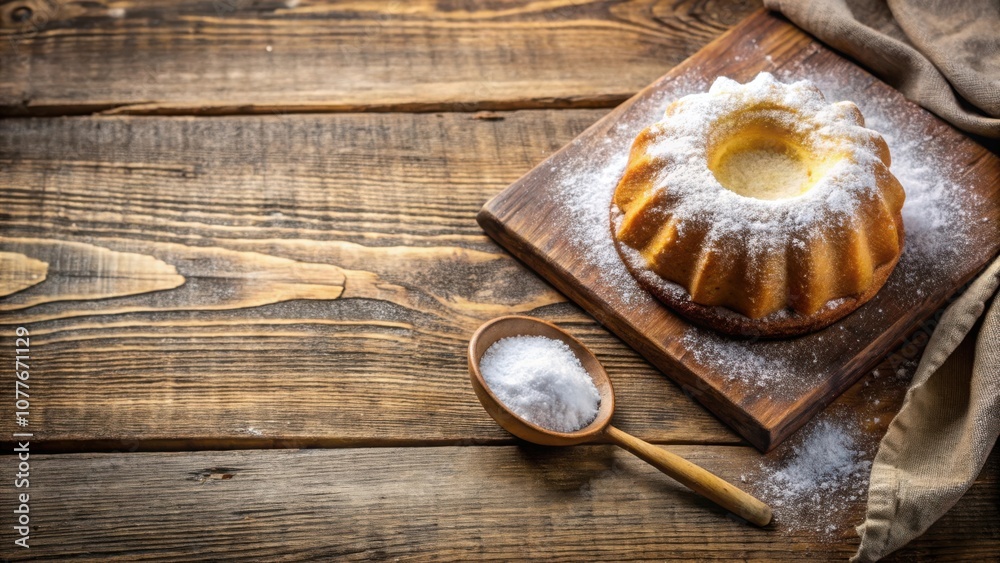 A freshly baked bundt cake, dusted with powdered sugar, sits on a wooden cutting board, ready to be devoured A freshly baked bundt cake, dusted with powdered sugar, sits on a wooden cutting board, ready to be devoured