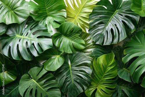 Lush green tropical leaves arranged on a white background.