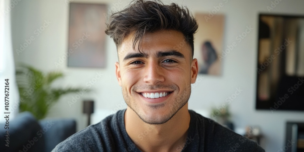 A Young Man with Facial Hair, Sitting in a Living Room, Smiling A Young Man with Facial Hair, Sitting in a Living Room, Smiling