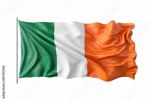 Waving Irish National Flag with Green, White, and Orange Stripes photo