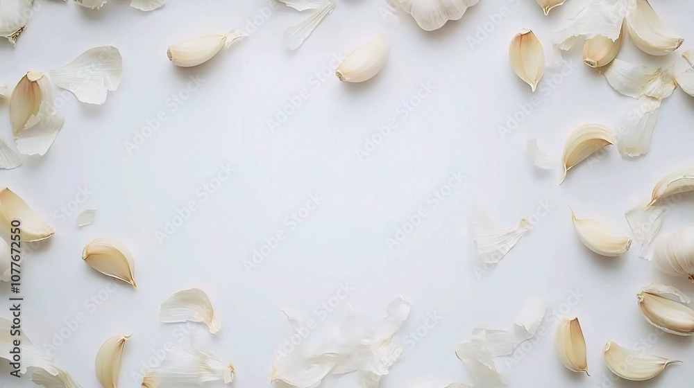 Close-Up of Fresh Garlic Cloves and Petals Isolated on White Background, Perfect for Culinary Images, Food Photography, and Ingredient Illustrations Close-Up of Fresh Garlic Cloves and Petals Isolated on White Background, Perfect for Culinary Images, Food Photography, and Ingredient Illustrations