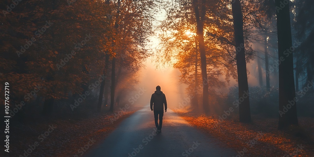 Silhouette of man walking on path in foggy forest with warm light Silhouette of man walking on path in foggy forest with warm light