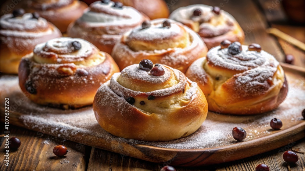 Close-up of freshly baked sweet rolls dusted with powdered sugar and decorated with berries, arranged on a wooden board. Close-up of freshly baked sweet rolls dusted with powdered sugar and decorated with berries, arranged on a wooden board.