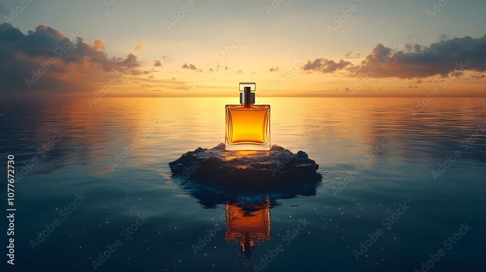 A Stunning Perfume Bottle Resting on a Floating Island at Sunset, Surrounded by Calm Waters and a Beautiful Sky Filled with Soft Clouds A Stunning Perfume Bottle Resting on a Floating Island at Sunset, Surrounded by Calm Waters and a Beautiful Sky Filled with Soft Clouds