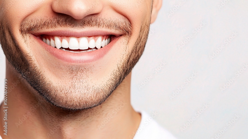 Fototapeta premium Close-Up Portrait of a Handsome Young Man Smiling Brightly with a Charming Expression Against a Neutral Background, Radiating Positivity and Confidence