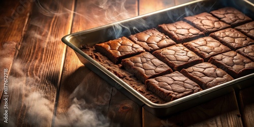 Freshly Baked Brownies With Steam Rising From The Baking Pan On A Rustic Wooden Surface