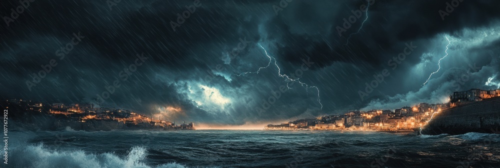 Fototapeta premium Dark clouds gather over a coastal city, while lightning strikes dramatically across the sky, revealing tumultuous ocean waves. Generative AI