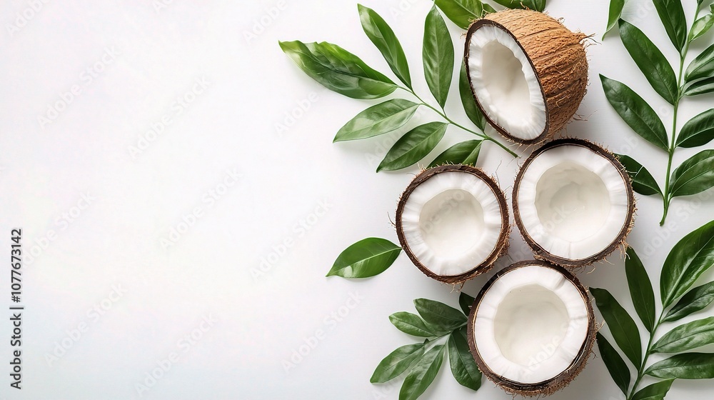 Coconut Halves Surrounded by Fresh Green Leaves on a Minimalistic Background for Delicious Tropical Vibes and Healthy Recipe Inspirations in Stock Photography Coconut Halves Surrounded by Fresh Green Leaves on a Minimalistic Background for Delicious Tropical Vibes and Healthy Recipe Inspirations in Stock Photography