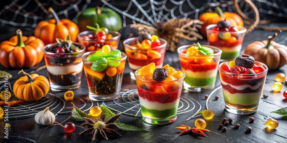 Layered Halloween Treats in Glass Cups with Pumpkin Decor Layered Halloween Treats in Glass Cups with Pumpkin Decor