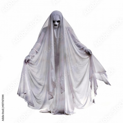 Spectral Figure in White: A chilling image of a ghostly figure draped in flowing white fabric, creating a mysterious and haunting atmosphere.