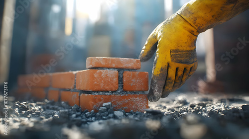 Construction Worker's Hand Placing Brick on Wall Realistic Image