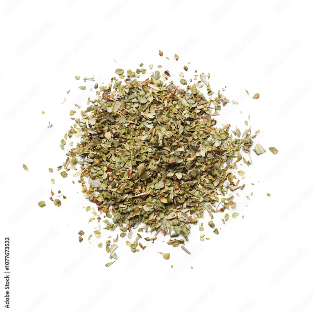 Heap of dried oregano isolated on white, top view Heap of dried oregano isolated on white, top view