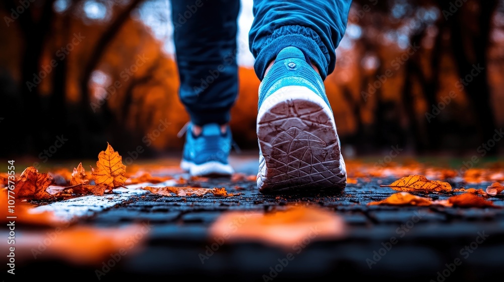 An evocative image capturing footsteps in blue shoes on a leaf-strewn path during autumn, representing movement, transition, and the changing seasons of life. An evocative image capturing footsteps in blue shoes on a leaf-strewn path during autumn, representing movement, transition, and the changing seasons of life.