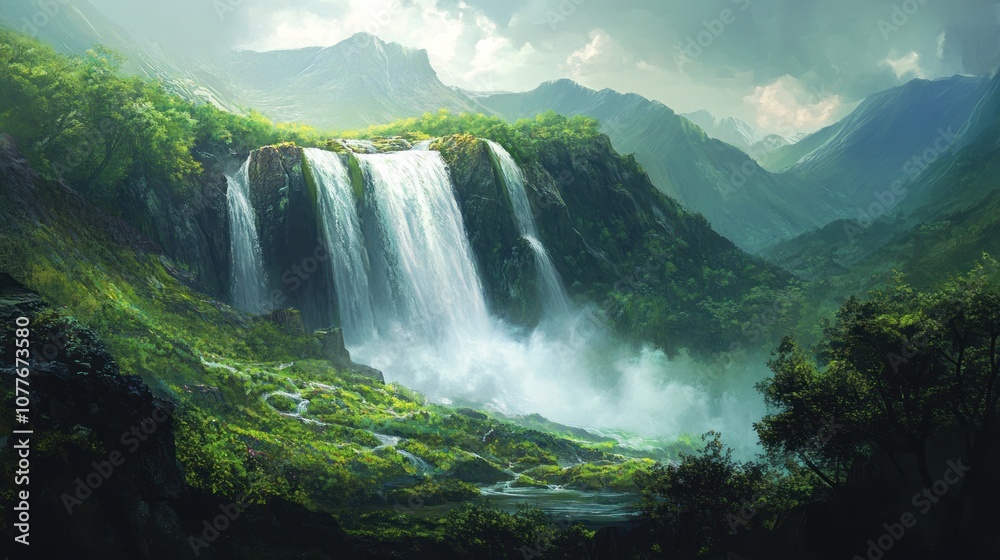 Majestic Waterfall in Lush Mountain Valley Majestic Waterfall in Lush Mountain Valley